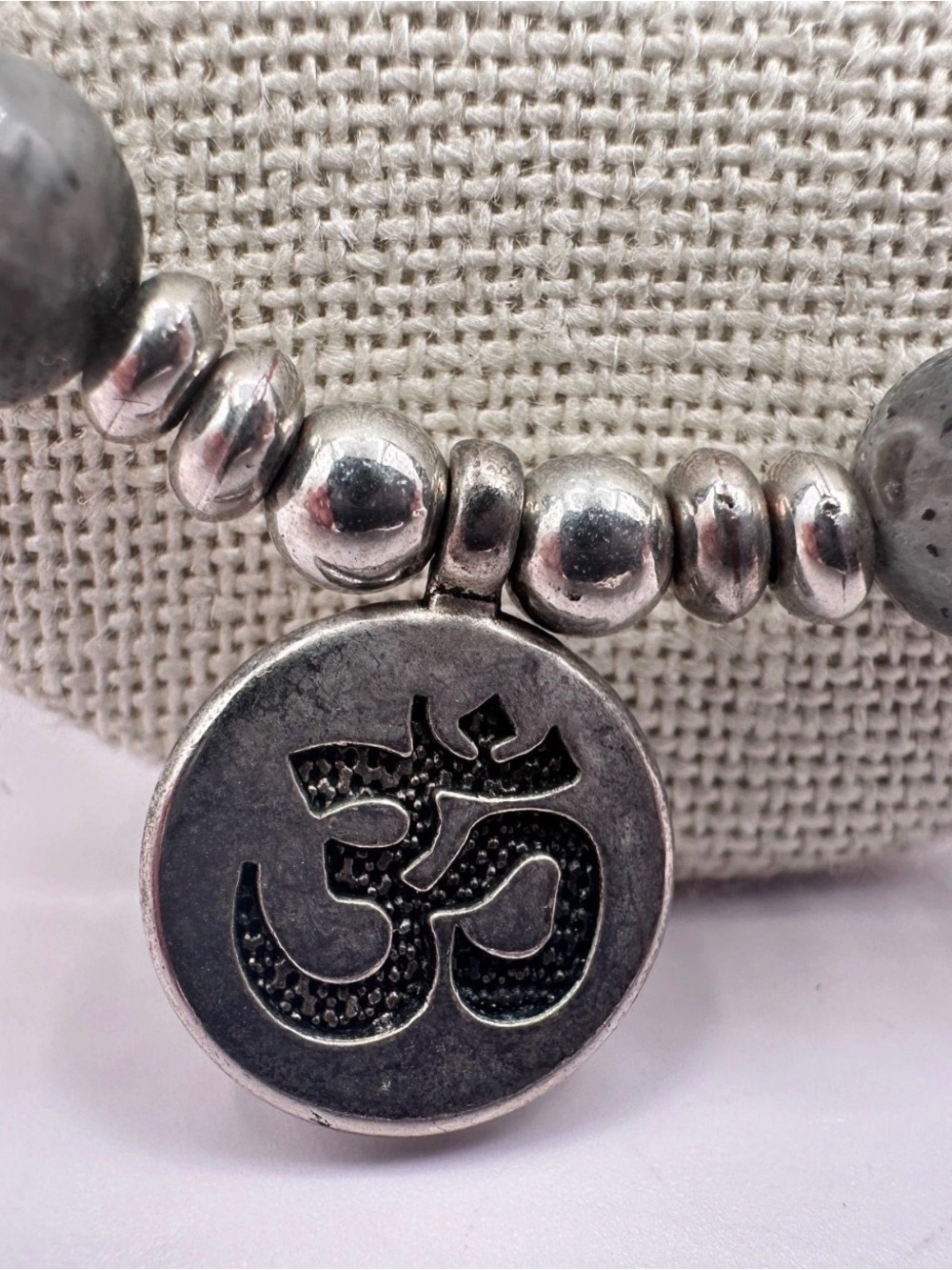 Gray Obsidian Beaded Necklace w/ Ohm Pendant Silver Spacers Yoga Buddhist Mala - Picture 3 of 6